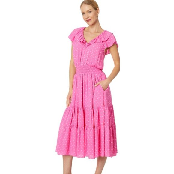 DRAPER JAMES Women's S Pink Polka Dot Flutter Sleeve Midi Dress Tiered Pockets - Picture 12 of 12